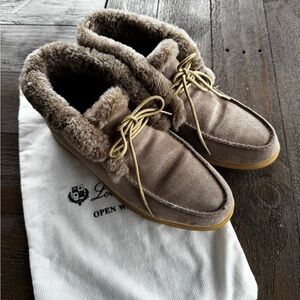 Loro Piana Tan Suede Fur-Lined Loafers